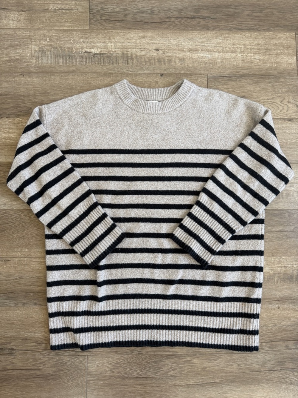 Cozy Cream and Black Striped Crewneck Sweater